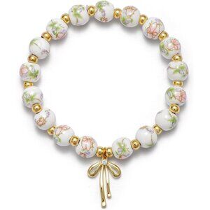 Pink Peon Flower Handmade Stretch Dainty Bead Bow Charm Bracelet for Women